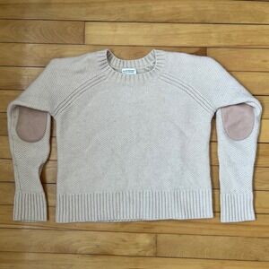 Club Monaco Italian Cashmere Sweater Cream Leather Elbow Patches Waffle Knit